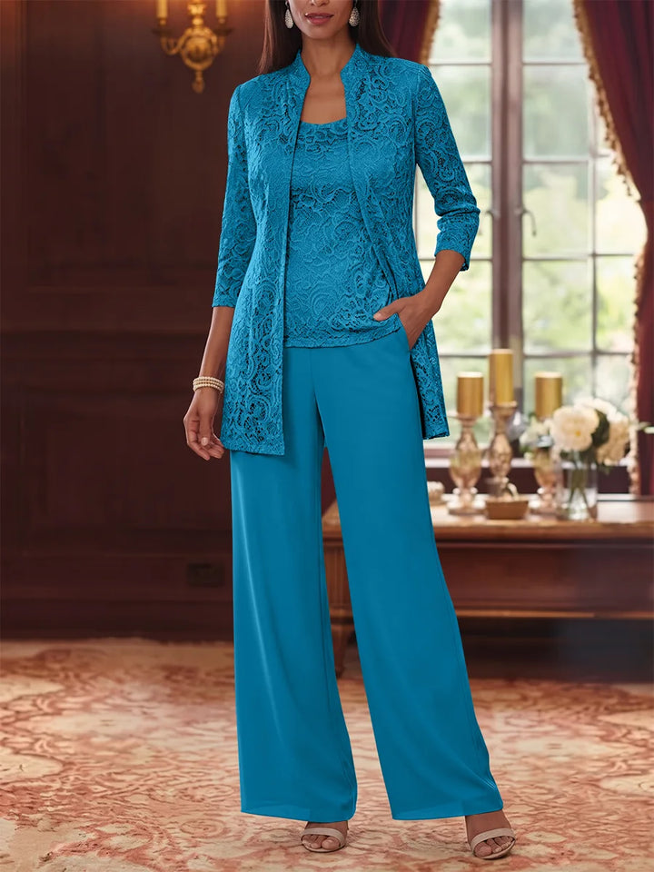 Tailleur 3 Pièces, Col Rond, Mousseline, Costume-Pantalon Mère de la Mariée avec Veste, Manches 3/4, Dentelle, Longueur à la Cheville