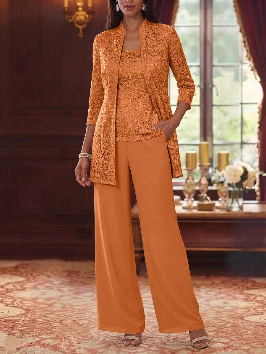 Tailleur 3 Pièces, Col Rond, Mousseline, Costume-Pantalon Mère de la Mariée avec Veste, Manches 3/4, Dentelle, Longueur à la Cheville