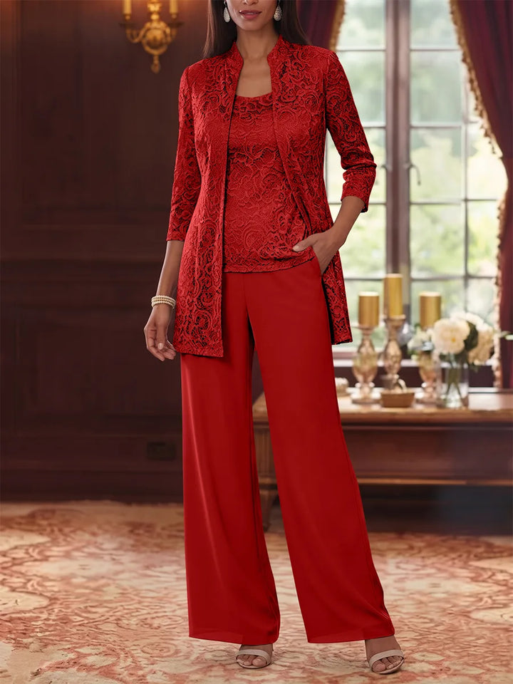 Tailleur 3 Pièces, Col Rond, Mousseline, Costume-Pantalon Mère de la Mariée avec Veste, Manches 3/4, Dentelle, Longueur à la Cheville