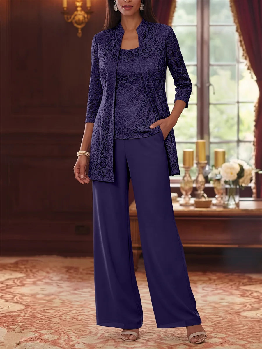 Tailleur 3 Pièces, Col Rond, Mousseline, Costume-Pantalon Mère de la Mariée avec Veste, Manches 3/4, Dentelle, Longueur à la Cheville