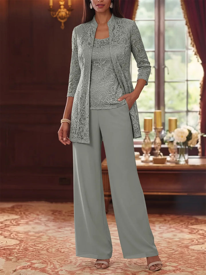 Tailleur 3 Pièces, Col Rond, Mousseline, Costume-Pantalon Mère de la Mariée avec Veste, Manches 3/4, Dentelle, Longueur à la Cheville