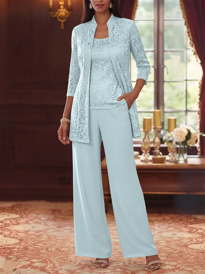 Tailleur 3 Pièces, Col Rond, Mousseline, Costume-Pantalon Mère de la Mariée avec Veste, Manches 3/4, Dentelle, Longueur à la Cheville