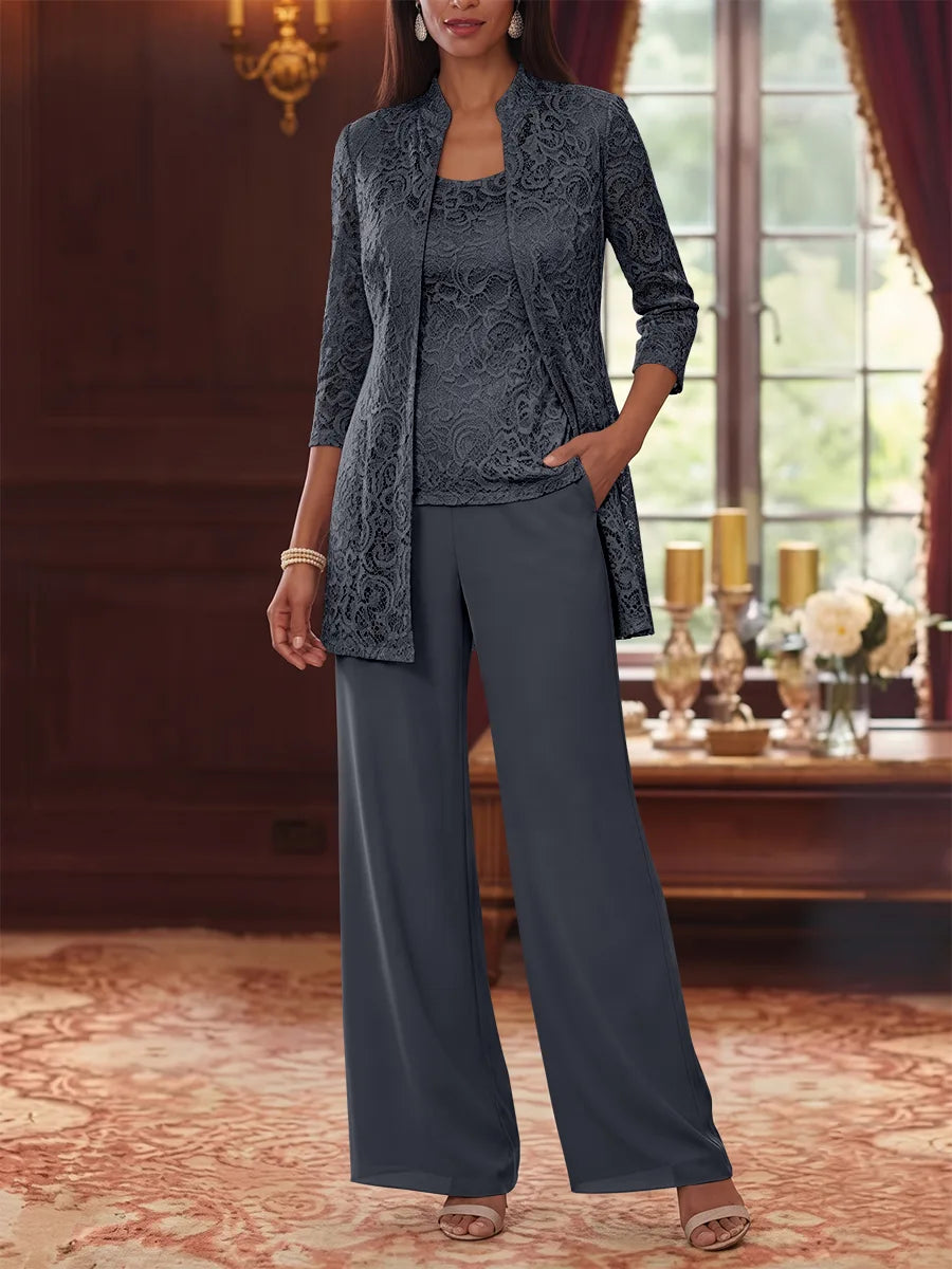 Tailleur 3 Pièces, Col Rond, Mousseline, Costume-Pantalon Mère de la Mariée avec Veste, Manches 3/4, Dentelle, Longueur à la Cheville