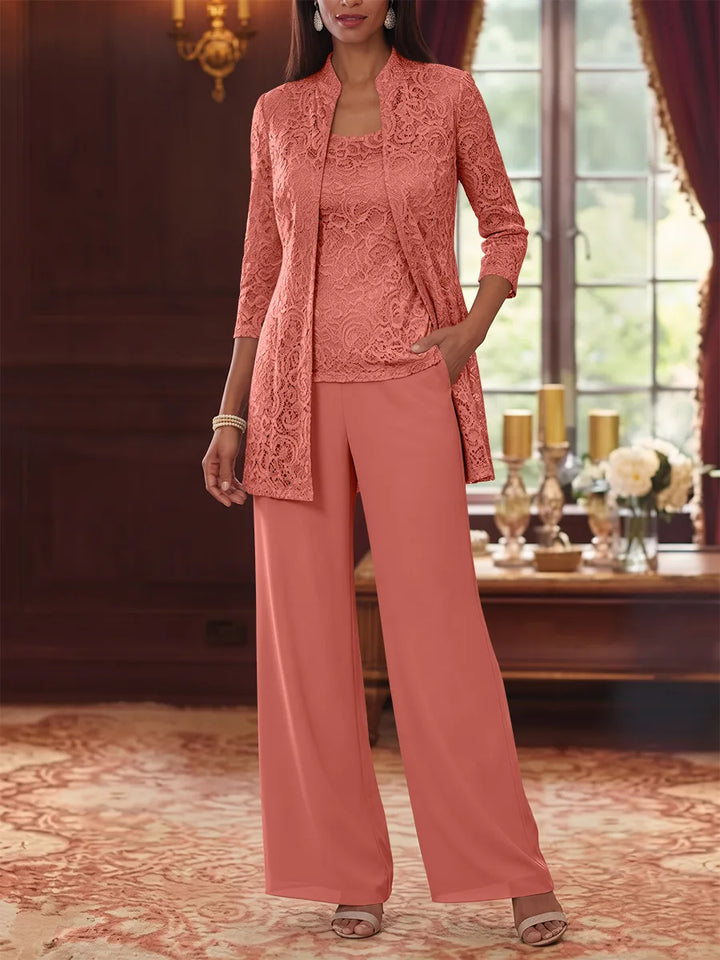Tailleur 3 Pièces, Col Rond, Mousseline, Costume-Pantalon Mère de la Mariée avec Veste, Manches 3/4, Dentelle, Longueur à la Cheville
