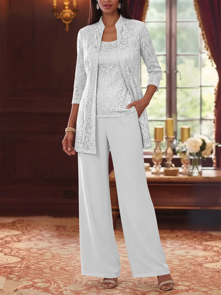 Tailleur 3 Pièces, Col Rond, Mousseline, Costume-Pantalon Mère de la Mariée avec Veste, Manches 3/4, Dentelle, Longueur à la Cheville