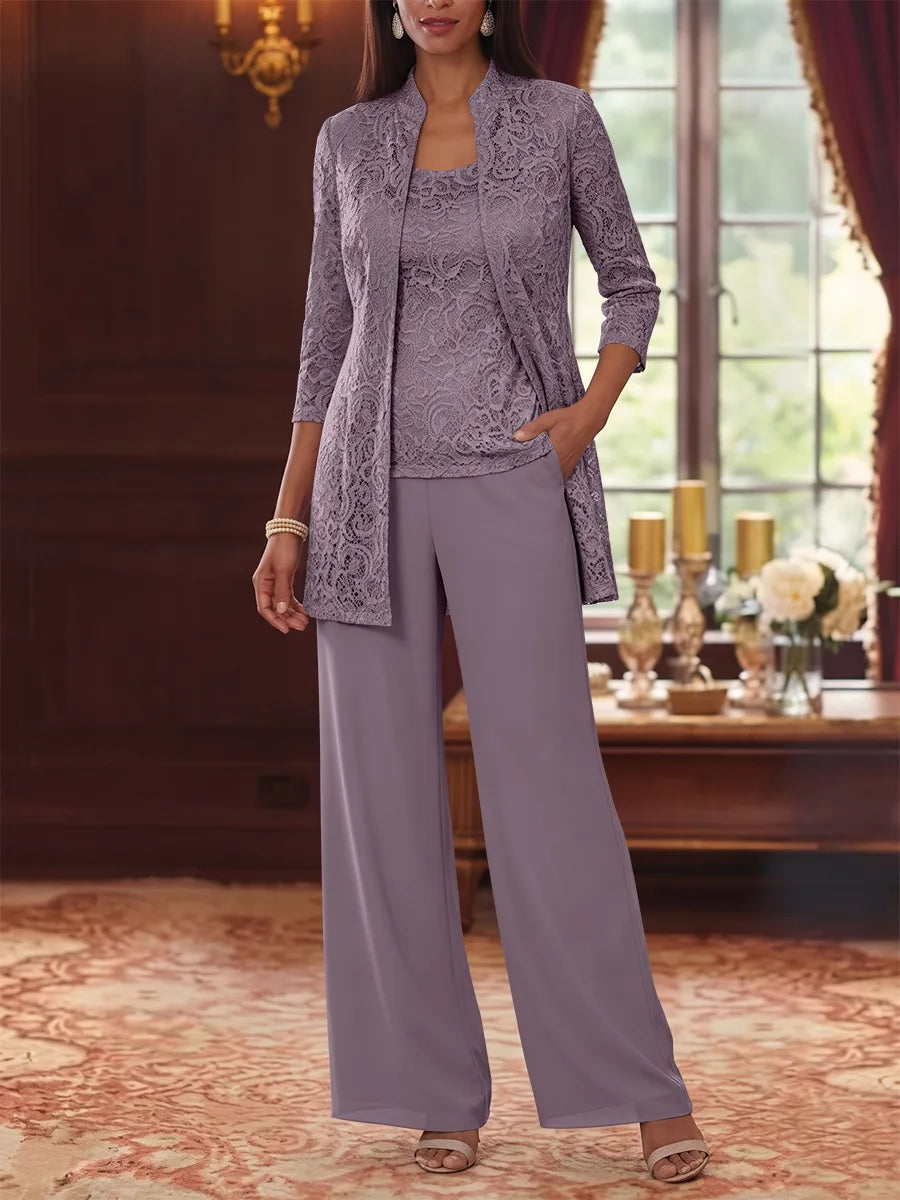 Tailleur 3 Pièces, Col Rond, Mousseline, Costume-Pantalon Mère de la Mariée avec Veste, Manches 3/4, Dentelle, Longueur à la Cheville