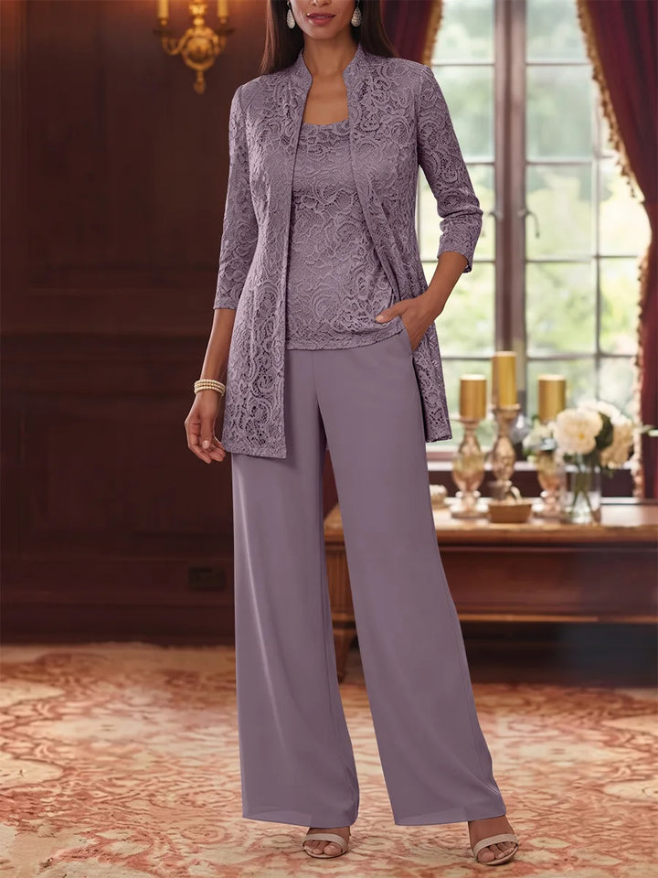 Tailleur 3 Pièces, Col Rond, Mousseline, Costume-Pantalon Mère de la Mariée avec Veste, Manches 3/4, Dentelle, Longueur à la Cheville