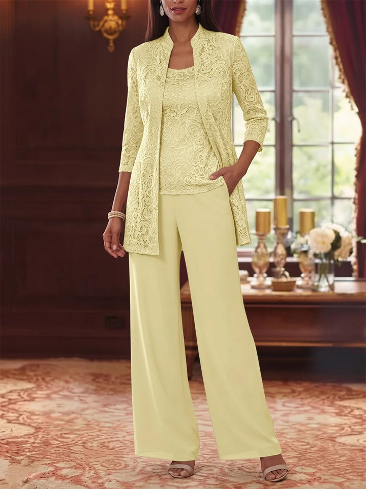 Tailleur 3 Pièces, Col Rond, Mousseline, Costume-Pantalon Mère de la Mariée avec Veste, Manches 3/4, Dentelle, Longueur à la Cheville