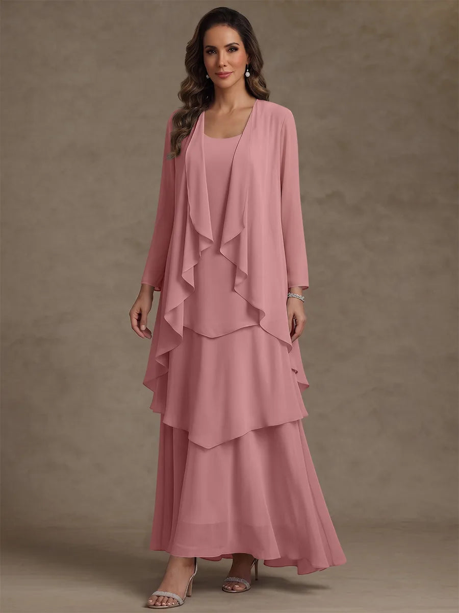Robe Mère de la Mariée, Forme A/Princesse, Col Rond, Mousseline, avec Veste et Volants, Manches Longues, Longueur à la Cheville