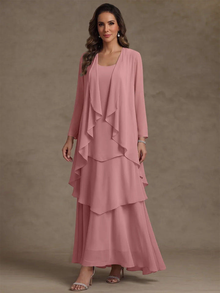 Robe Mère de la Mariée, Forme A/Princesse, Col Rond, Mousseline, avec Veste et Volants, Manches Longues, Longueur à la Cheville