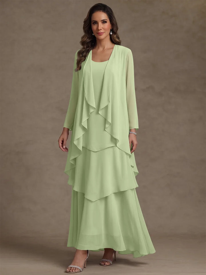Robe Mère de la Mariée, Forme A/Princesse, Col Rond, Mousseline, avec Veste et Volants, Manches Longues, Longueur à la Cheville
