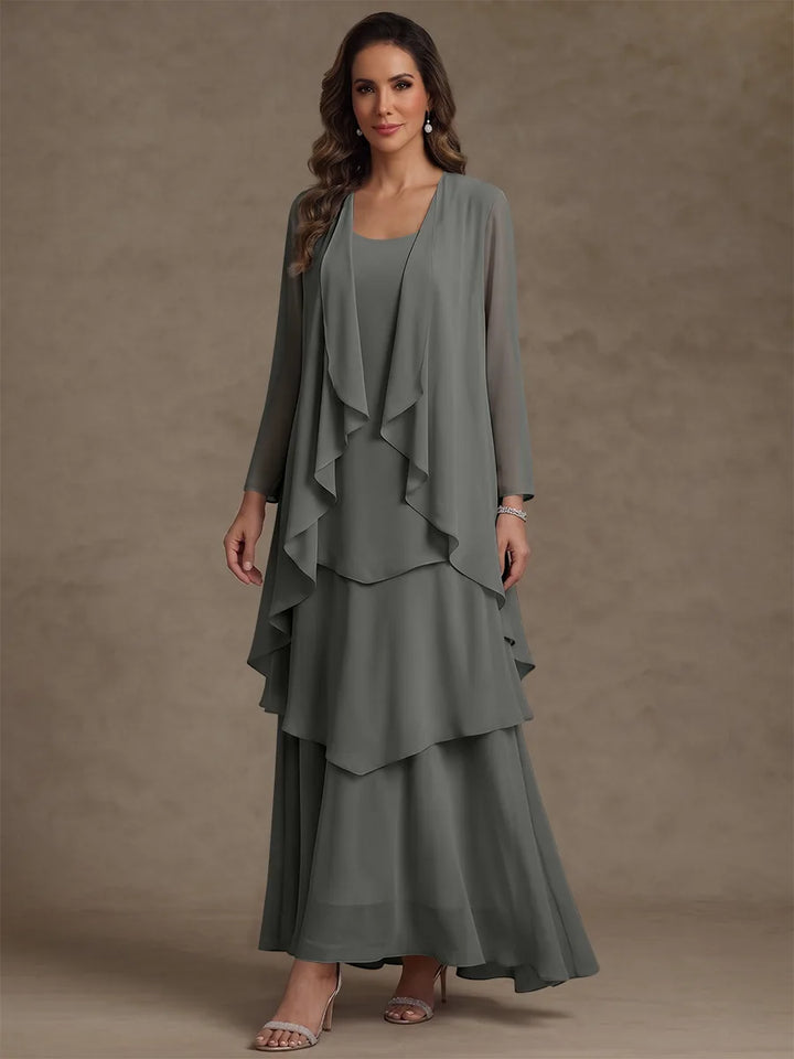 Robe Mère de la Mariée, Forme A/Princesse, Col Rond, Mousseline, avec Veste et Volants, Manches Longues, Longueur à la Cheville