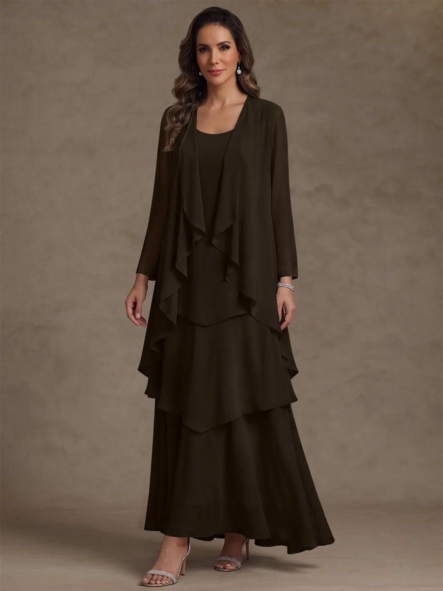 Robe Mère de la Mariée, Forme A/Princesse, Col Rond, Mousseline, avec Veste et Volants, Manches Longues, Longueur à la Cheville