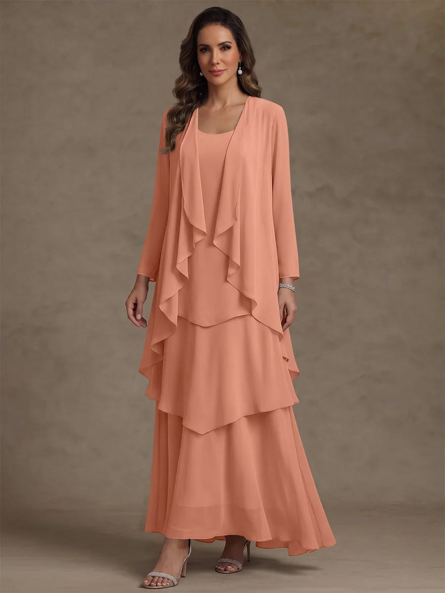 Robe Mère de la Mariée, Forme A/Princesse, Col Rond, Mousseline, avec Veste et Volants, Manches Longues, Longueur à la Cheville
