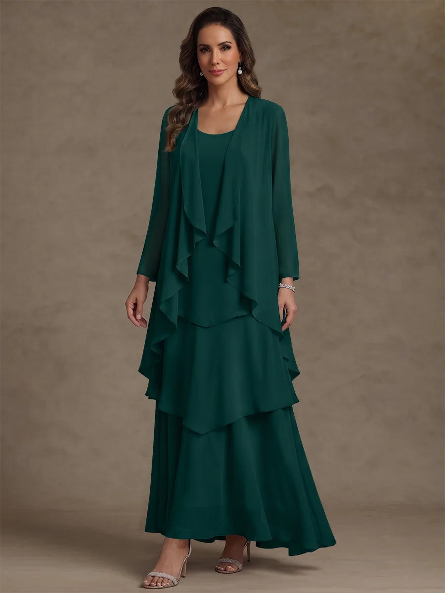 Robe Mère de la Mariée, Forme A/Princesse, Col Rond, Mousseline, avec Veste et Volants, Manches Longues, Longueur à la Cheville