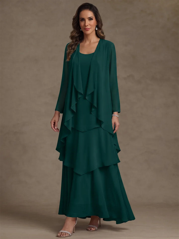 Robe Mère de la Mariée, Forme A/Princesse, Col Rond, Mousseline, avec Veste et Volants, Manches Longues, Longueur à la Cheville