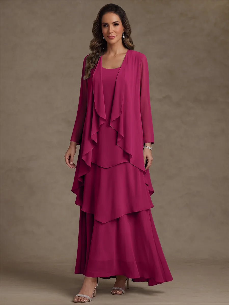 Robe Mère de la Mariée, Forme A/Princesse, Col Rond, Mousseline, avec Veste et Volants, Manches Longues, Longueur à la Cheville