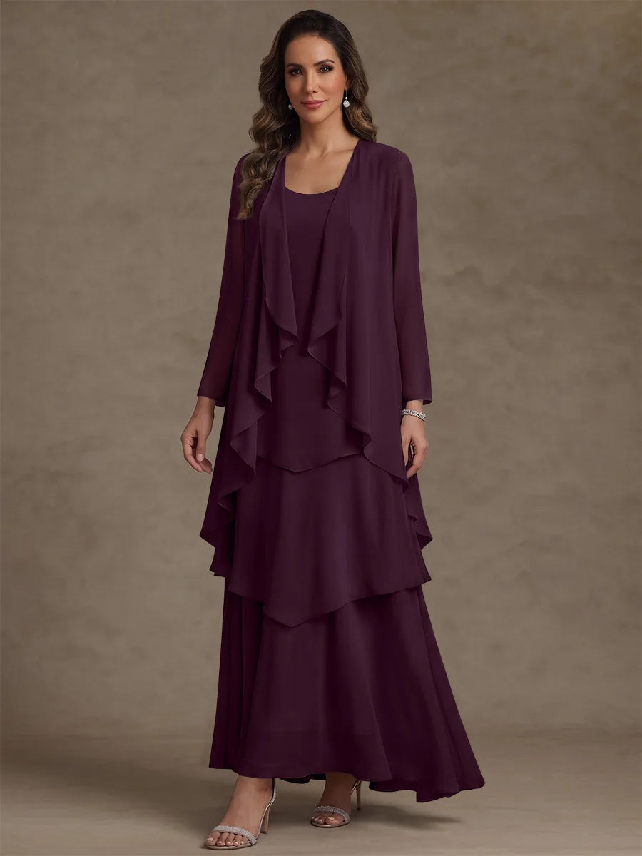 Robe Mère de la Mariée, Forme A/Princesse, Col Rond, Mousseline, avec Veste et Volants, Manches Longues, Longueur à la Cheville