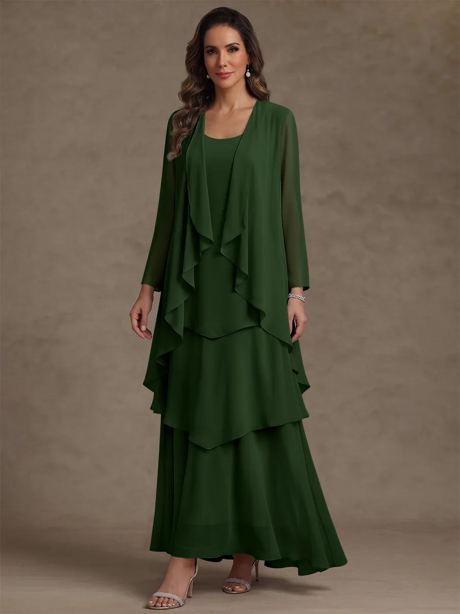 Robe Mère de la Mariée, Forme A/Princesse, Col Rond, Mousseline, avec Veste et Volants, Manches Longues, Longueur à la Cheville