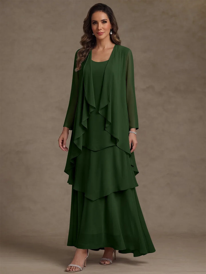 Robe Mère de la Mariée, Forme A/Princesse, Col Rond, Mousseline, avec Veste et Volants, Manches Longues, Longueur à la Cheville