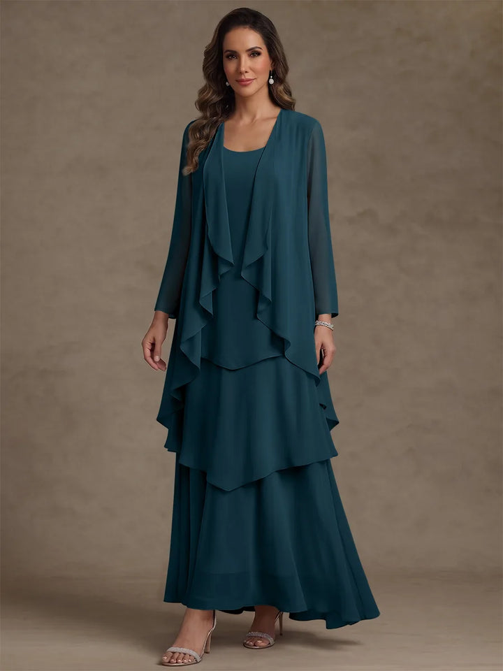 Robe Mère de la Mariée, Forme A/Princesse, Col Rond, Mousseline, avec Veste et Volants, Manches Longues, Longueur à la Cheville