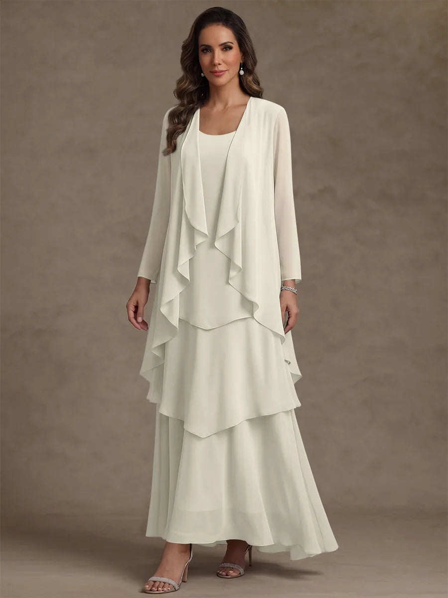 Robe Mère de la Mariée, Forme A/Princesse, Col Rond, Mousseline, avec Veste et Volants, Manches Longues, Longueur à la Cheville
