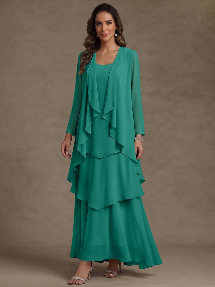 Robe Mère de la Mariée, Forme A/Princesse, Col Rond, Mousseline, avec Veste et Volants, Manches Longues, Longueur à la Cheville