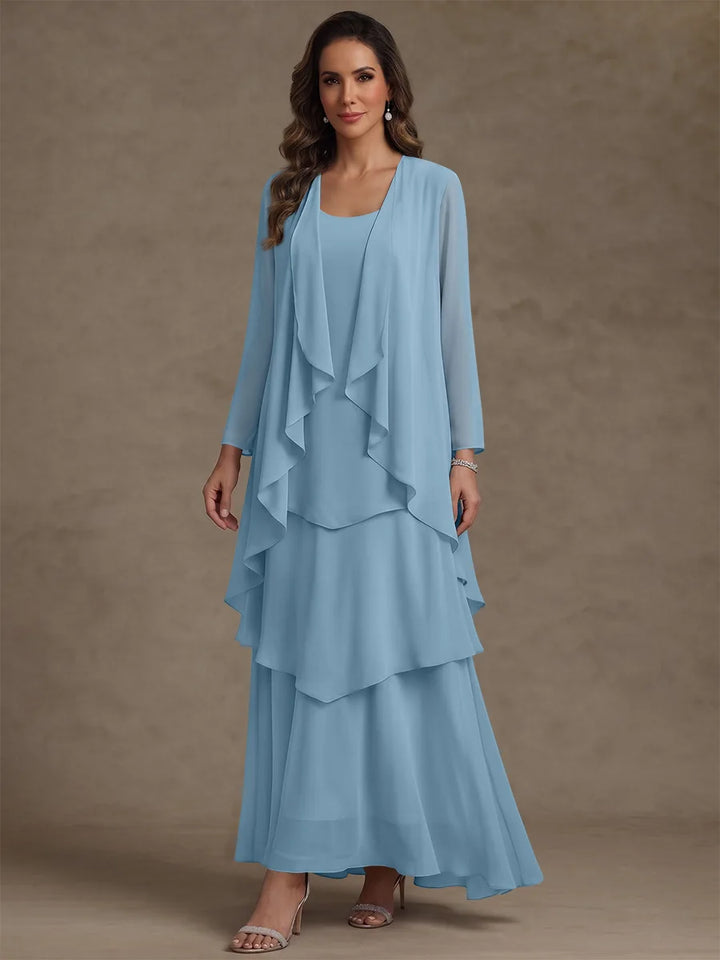 Robe Mère de la Mariée, Forme A/Princesse, Col Rond, Mousseline, avec Veste et Volants, Manches Longues, Longueur à la Cheville