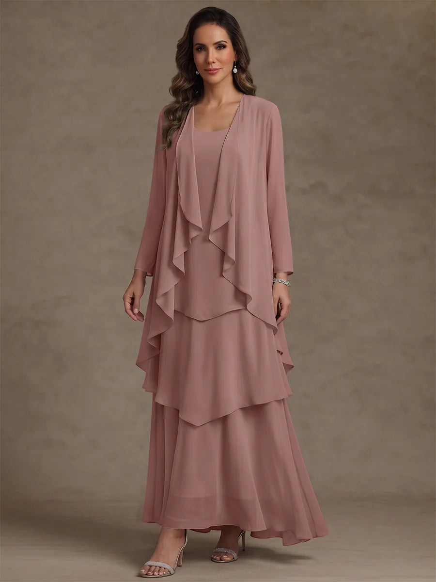 Robe Mère de la Mariée, Forme A/Princesse, Col Rond, Mousseline, avec Veste et Volants, Manches Longues, Longueur à la Cheville