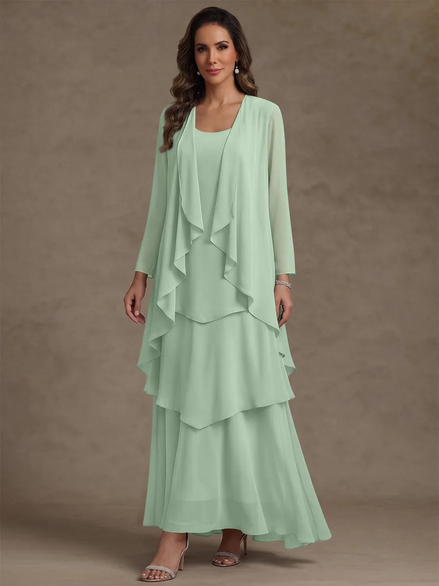 Robe Mère de la Mariée, Forme A/Princesse, Col Rond, Mousseline, avec Veste et Volants, Manches Longues, Longueur à la Cheville