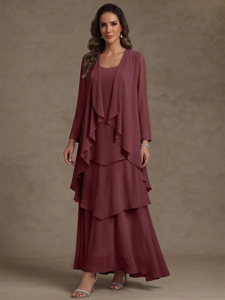 Robe Mère de la Mariée, Forme A/Princesse, Col Rond, Mousseline, avec Veste et Volants, Manches Longues, Longueur à la Cheville