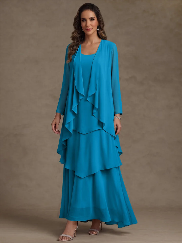 Robe Mère de la Mariée, Forme A/Princesse, Col Rond, Mousseline, avec Veste et Volants, Manches Longues, Longueur à la Cheville