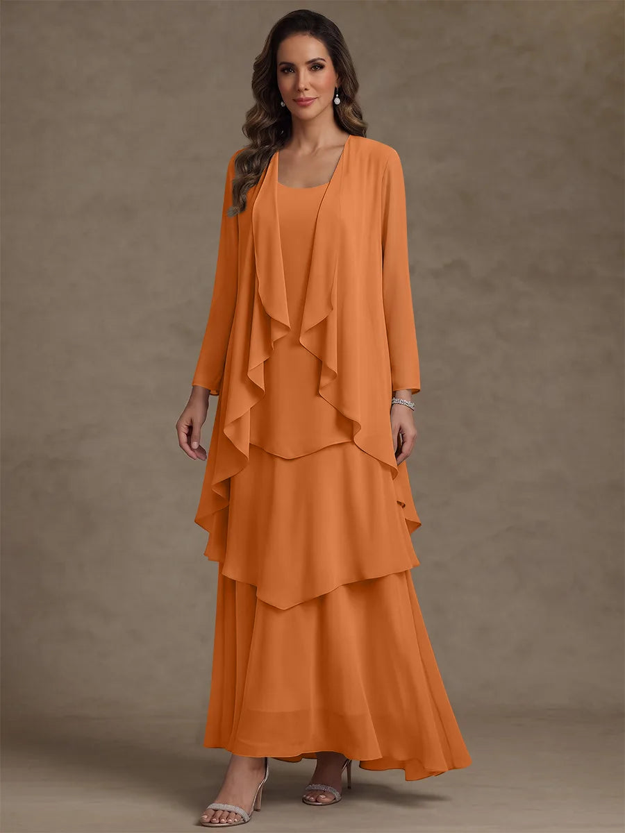 Robe Mère de la Mariée, Forme A/Princesse, Col Rond, Mousseline, avec Veste et Volants, Manches Longues, Longueur à la Cheville