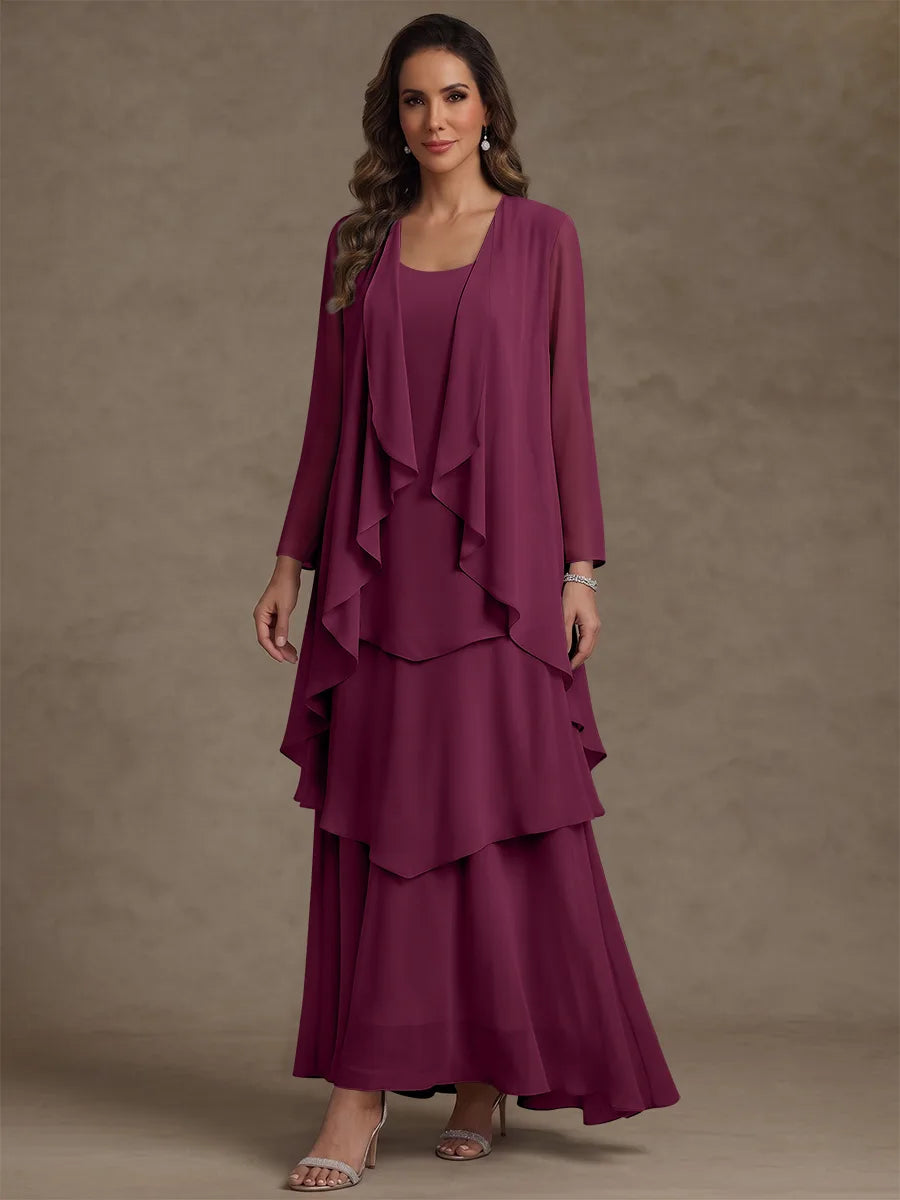 Robe Mère de la Mariée, Forme A/Princesse, Col Rond, Mousseline, avec Veste et Volants, Manches Longues, Longueur à la Cheville