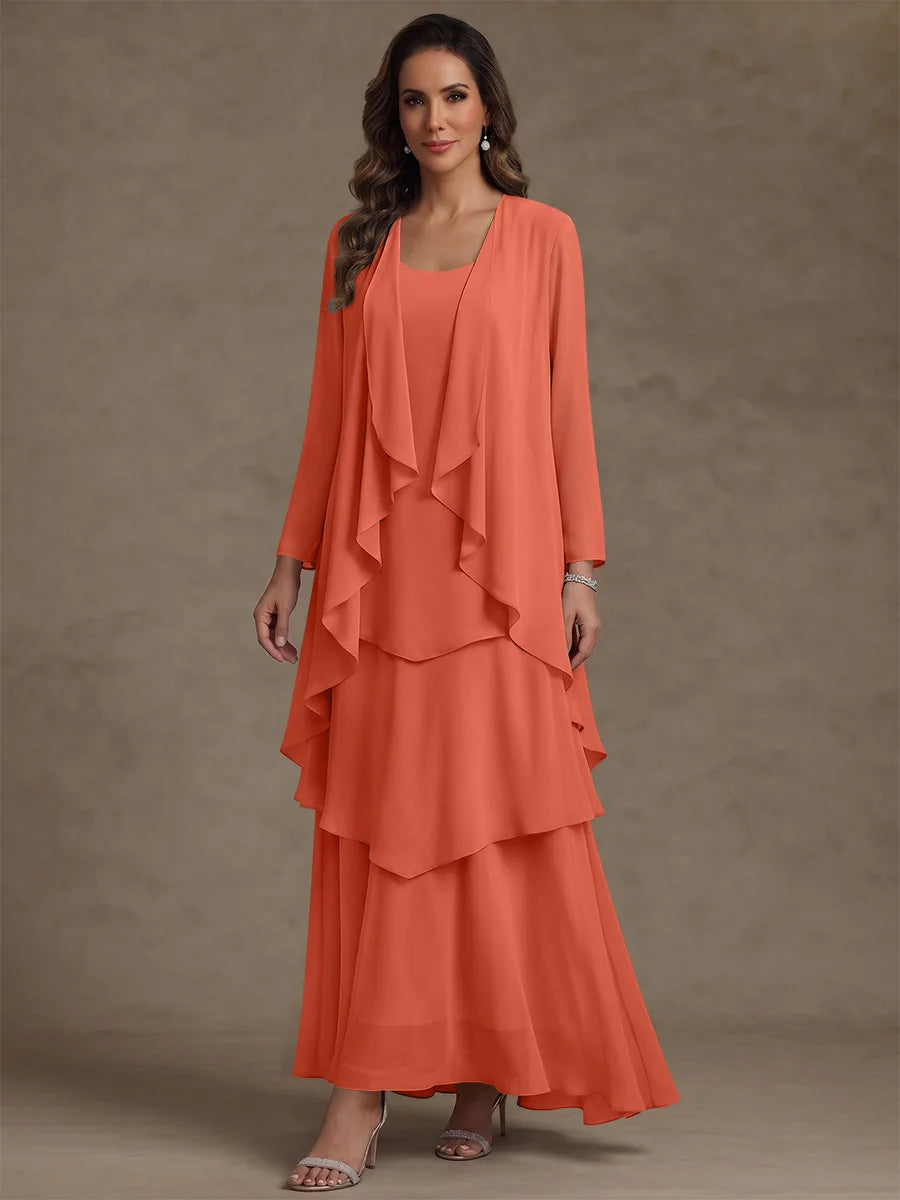 Robe Mère de la Mariée, Forme A/Princesse, Col Rond, Mousseline, avec Veste et Volants, Manches Longues, Longueur à la Cheville