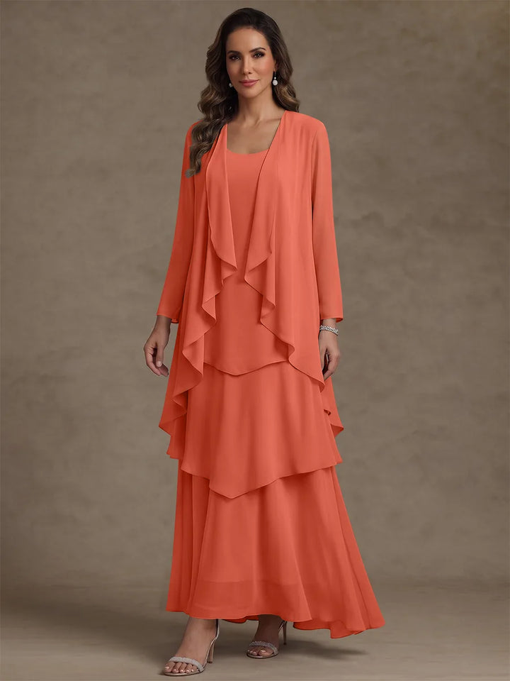 Robe Mère de la Mariée, Forme A/Princesse, Col Rond, Mousseline, avec Veste et Volants, Manches Longues, Longueur à la Cheville