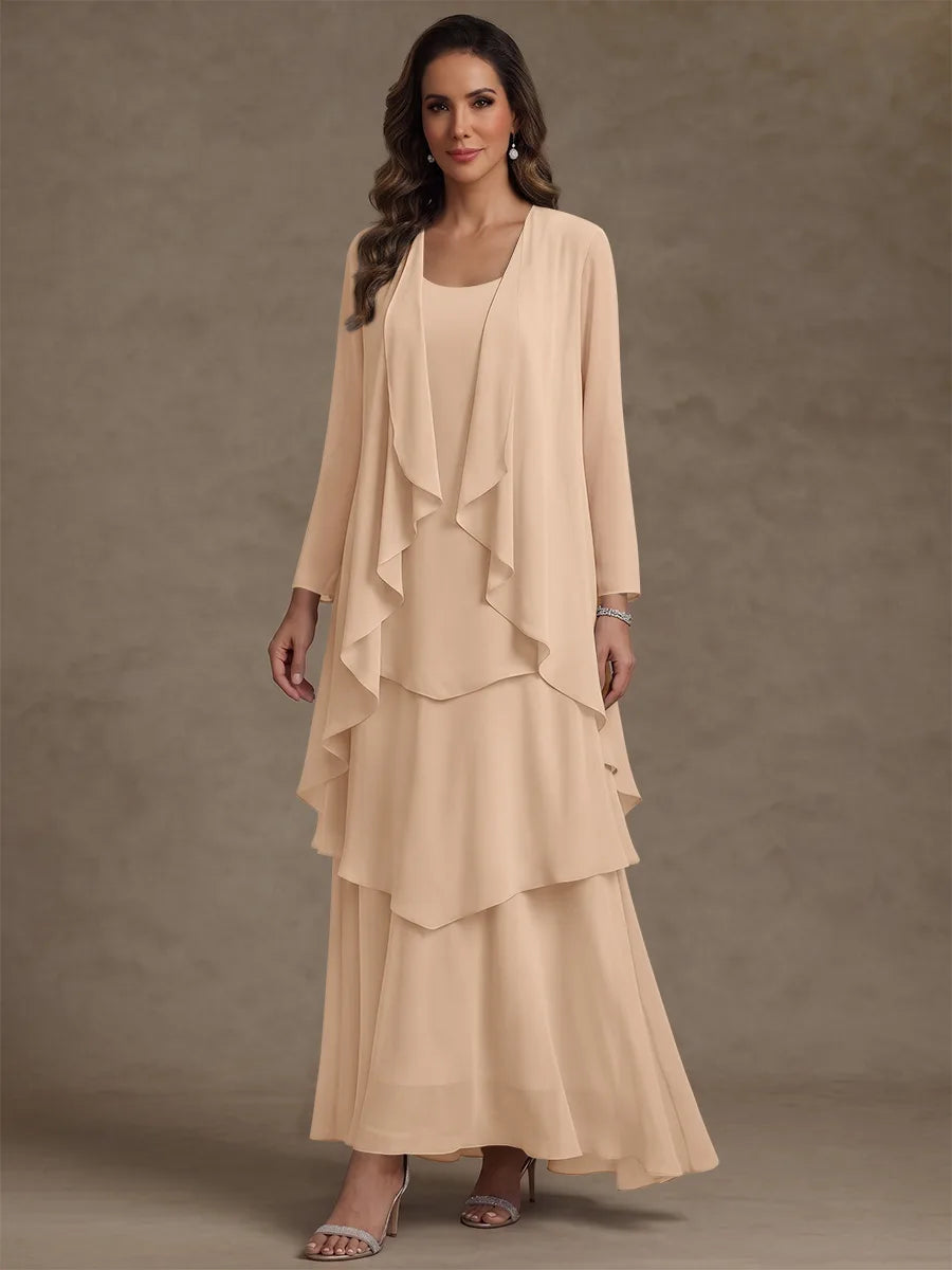 Robe Mère de la Mariée, Forme A/Princesse, Col Rond, Mousseline, avec Veste et Volants, Manches Longues, Longueur à la Cheville