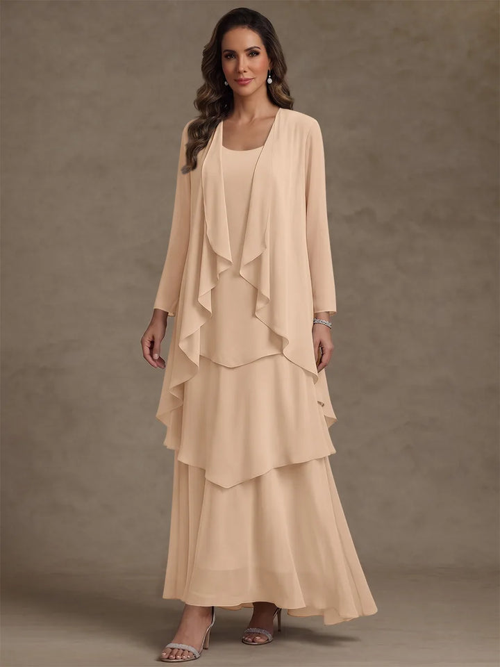 Robe Mère de la Mariée, Forme A/Princesse, Col Rond, Mousseline, avec Veste et Volants, Manches Longues, Longueur à la Cheville