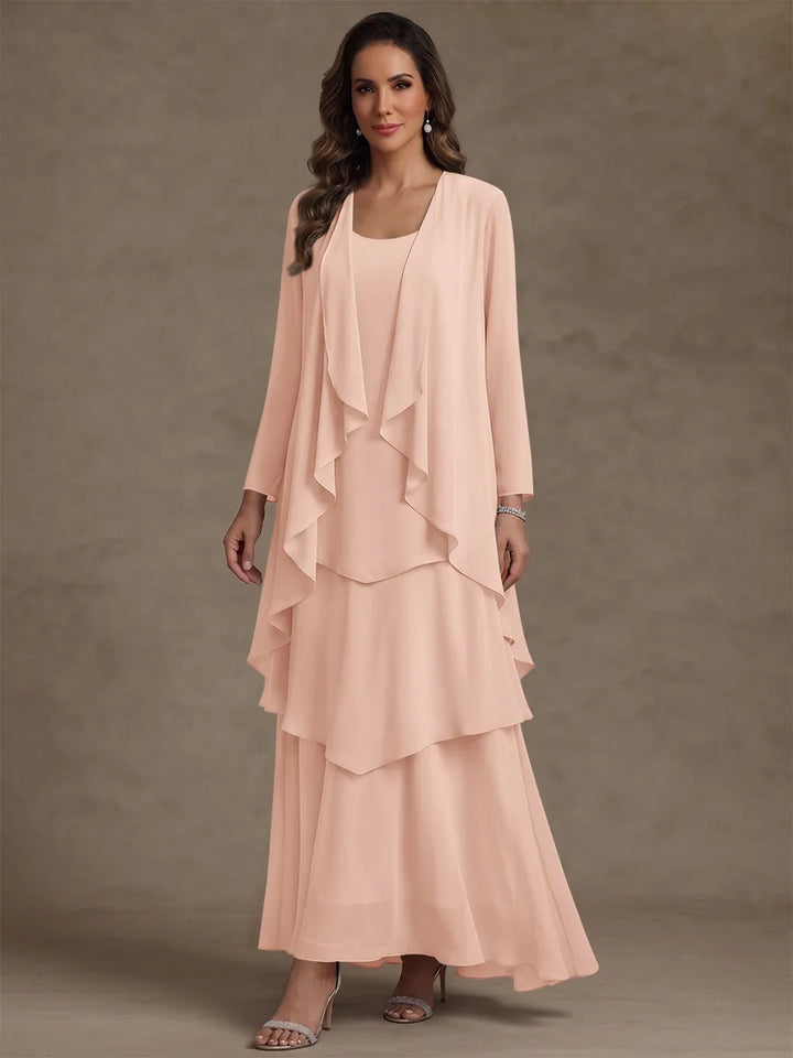 Robe Mère de la Mariée, Forme A/Princesse, Col Rond, Mousseline, avec Veste et Volants, Manches Longues, Longueur à la Cheville