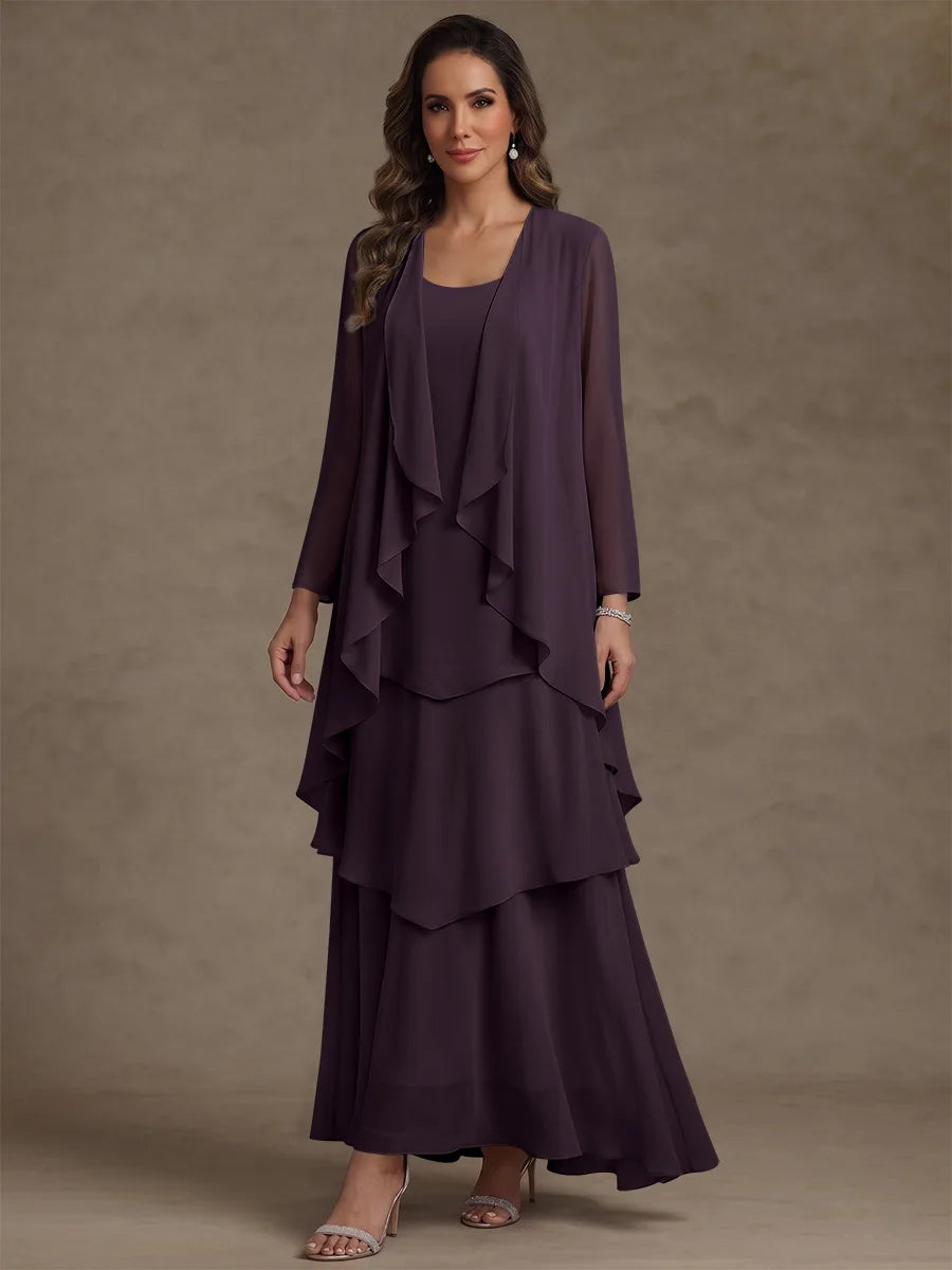 Robe Mère de la Mariée, Forme A/Princesse, Col Rond, Mousseline, avec Veste et Volants, Manches Longues, Longueur à la Cheville