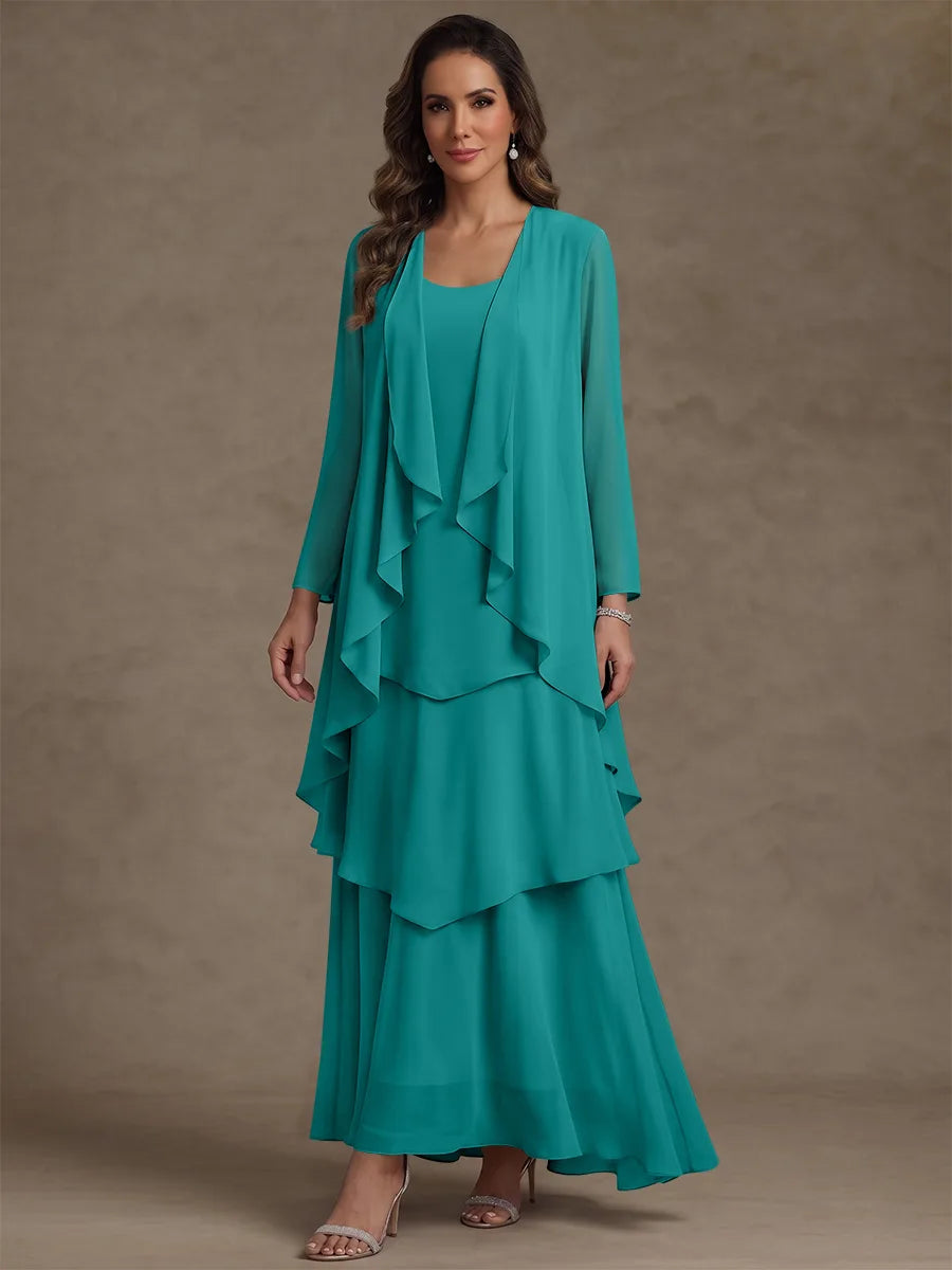 Robe Mère de la Mariée, Forme A/Princesse, Col Rond, Mousseline, avec Veste et Volants, Manches Longues, Longueur à la Cheville