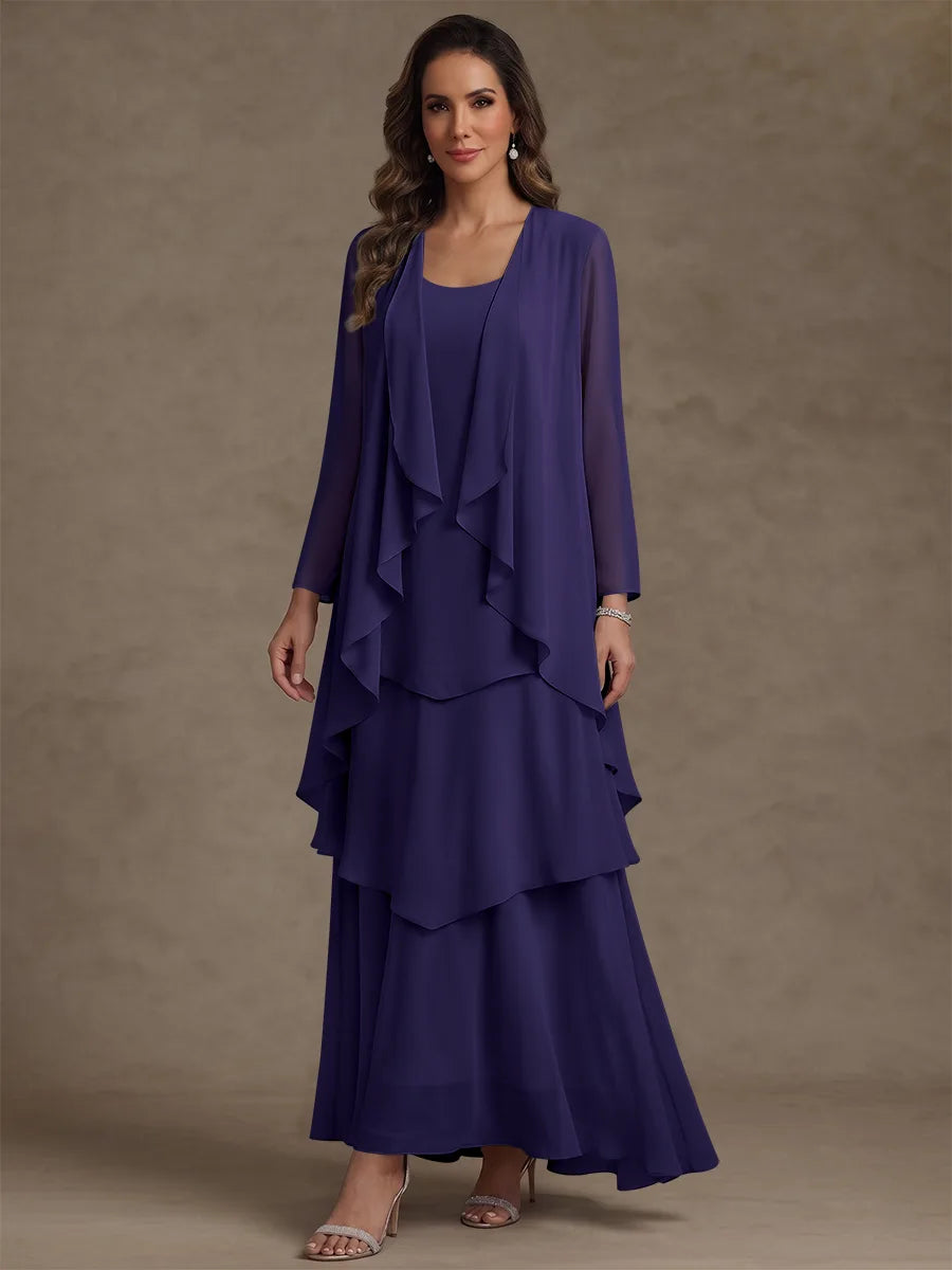 Robe Mère de la Mariée, Forme A/Princesse, Col Rond, Mousseline, avec Veste et Volants, Manches Longues, Longueur à la Cheville