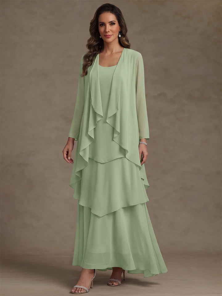 Robe Mère de la Mariée, Forme A/Princesse, Col Rond, Mousseline, avec Veste et Volants, Manches Longues, Longueur à la Cheville