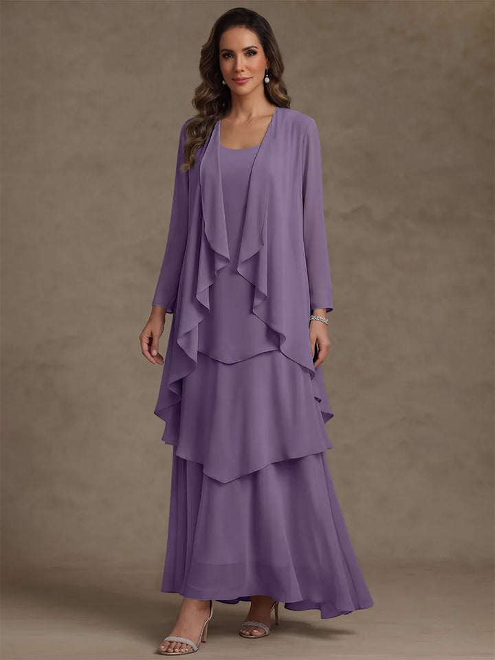 Robe Mère de la Mariée, Forme A/Princesse, Col Rond, Mousseline, avec Veste et Volants, Manches Longues, Longueur à la Cheville