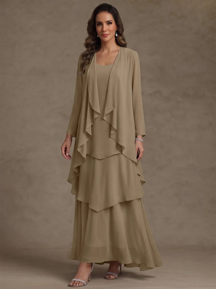 Robe Mère de la Mariée, Forme A/Princesse, Col Rond, Mousseline, avec Veste et Volants, Manches Longues, Longueur à la Cheville