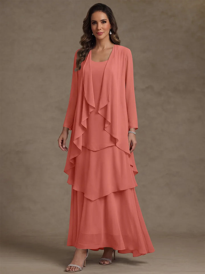 Robe Mère de la Mariée, Forme A/Princesse, Col Rond, Mousseline, avec Veste et Volants, Manches Longues, Longueur à la Cheville