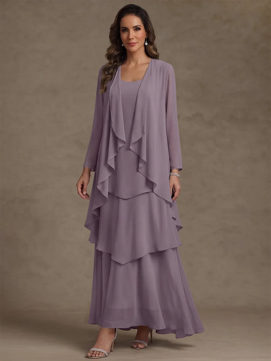 Robe Mère de la Mariée, Forme A/Princesse, Col Rond, Mousseline, avec Veste et Volants, Manches Longues, Longueur à la Cheville