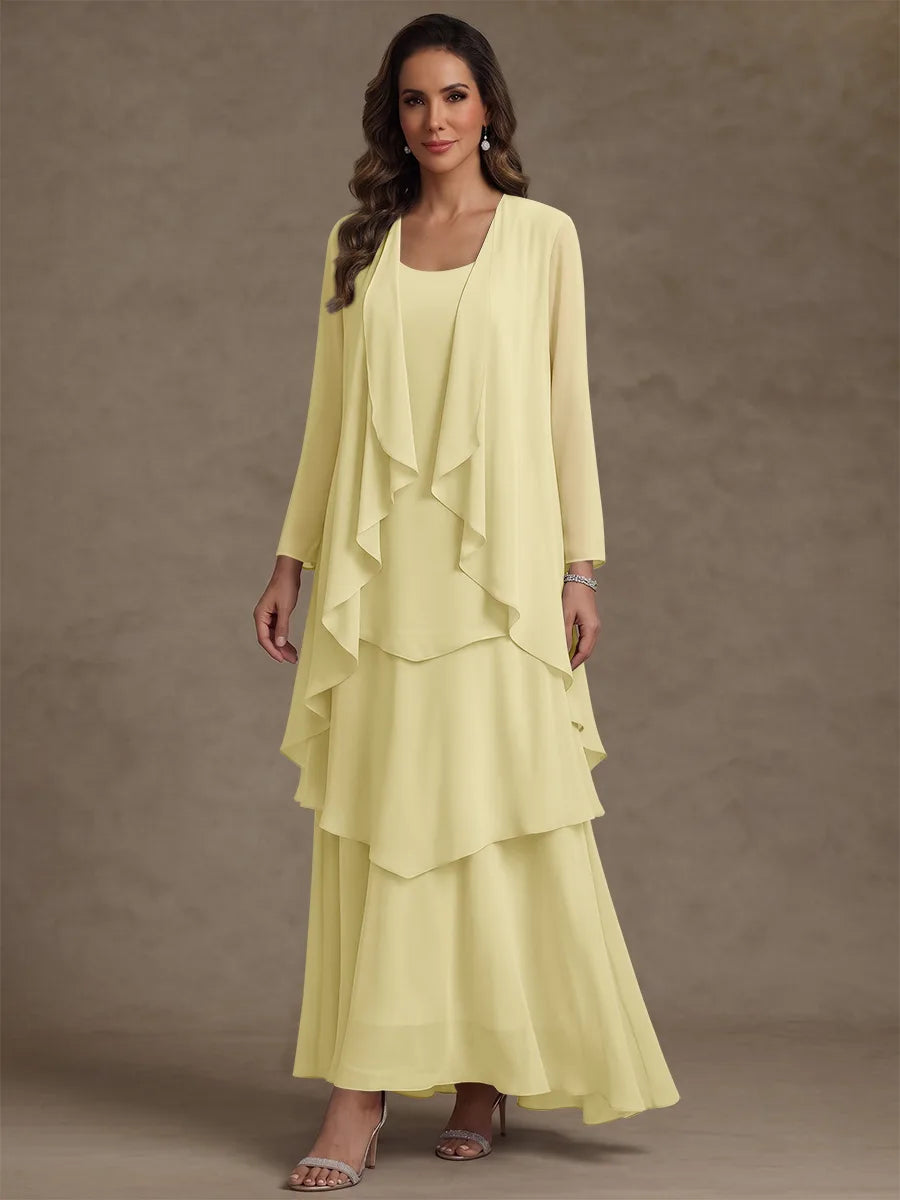 Robe Mère de la Mariée, Forme A/Princesse, Col Rond, Mousseline, avec Veste et Volants, Manches Longues, Longueur à la Cheville