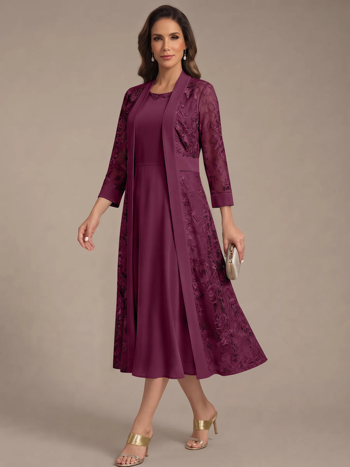 Robe Mère de la Mariée, Forme A/Princesse, Col Rond, Mousseline, avec Veste en Dentelle, Manches 3/4, Longueur du Thé