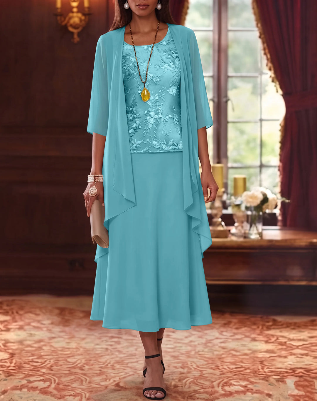 Ensemble de 2 Morceaux, Robe Mère de la Mariée, Ligne A/Princesse, Col Rond, Mousseline, avec Veste, Manches 3/4, Longueur du Thé, Dentelle